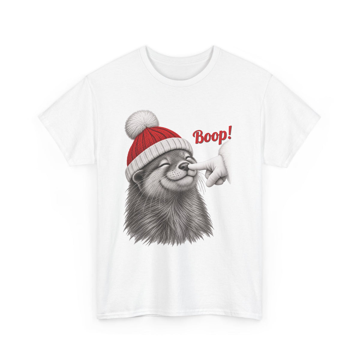 White Otter Boop Christmas t-shirt with a smiling otter in a knit Santa beanie getting a nose boop, front view