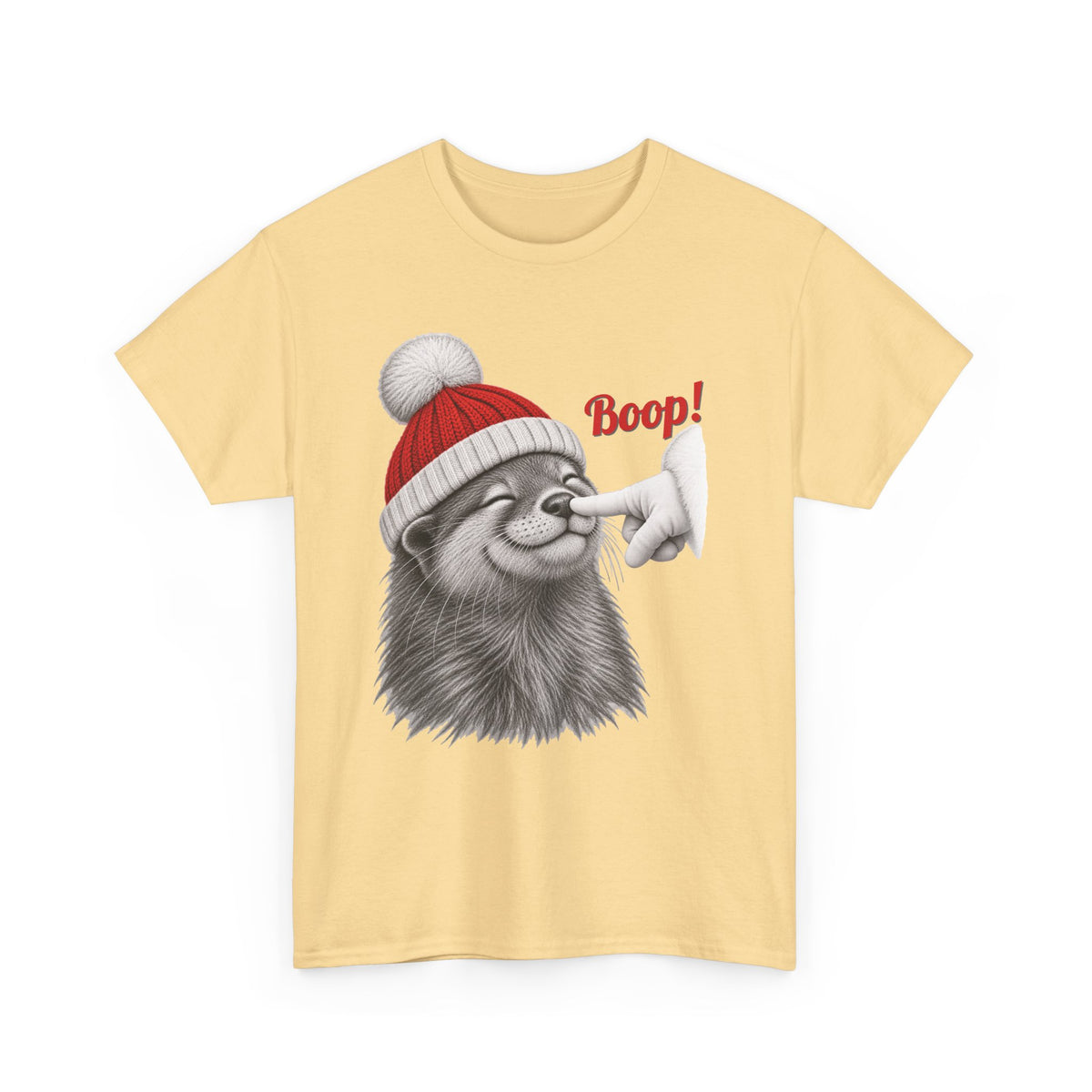 Yellow Haze Otter Boop Christmas t-shirt with a smiling otter in a knit Santa beanie getting a nose boop, front view