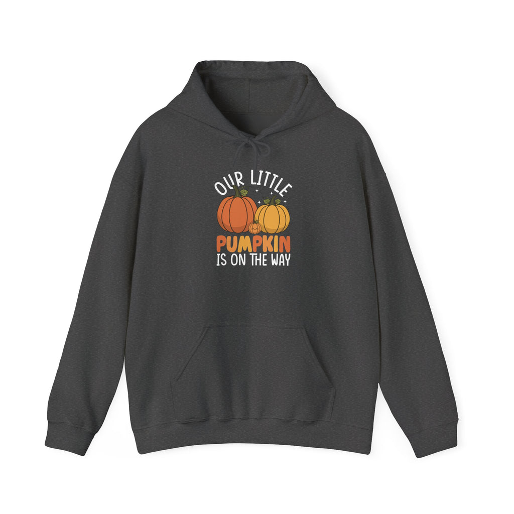 Dark Heather Our Little Pumpkin Is On The Way pregnancy hoodie, front view