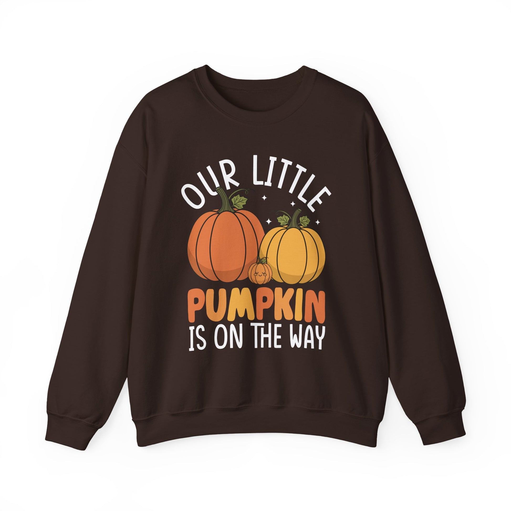Dark chocolate Our Little Pumpkin Is On The Way sweatshirt with pumpkin pregnancy print