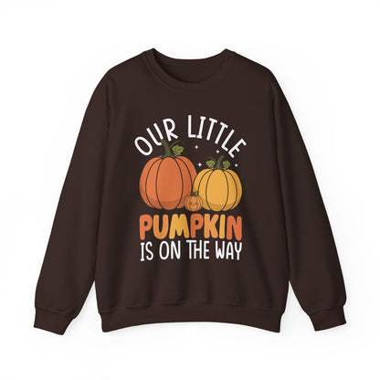 Dark chocolate Our Little Pumpkin Is On The Way sweatshirt with pumpkin pregnancy print
