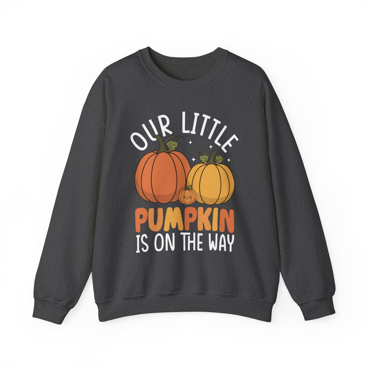 Dark heather Our Little Pumpkin Is On The Way sweatshirt with pumpkin pregnancy print