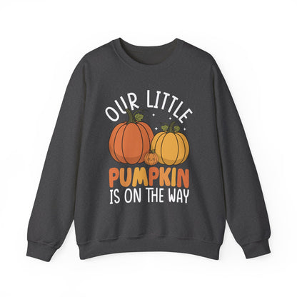 Dark heather Our Little Pumpkin Is On The Way sweatshirt with pumpkin pregnancy print
