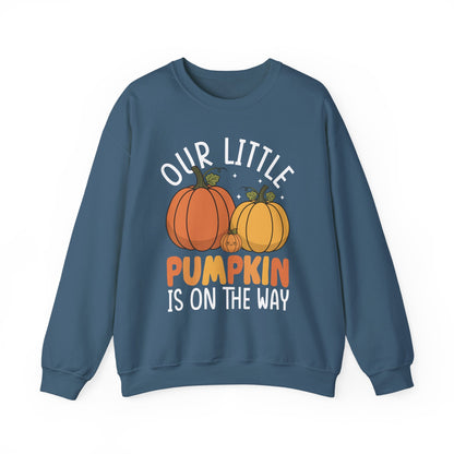 Indigo blue Our Little Pumpkin Is On The Way sweatshirt with pumpkin pregnancy print