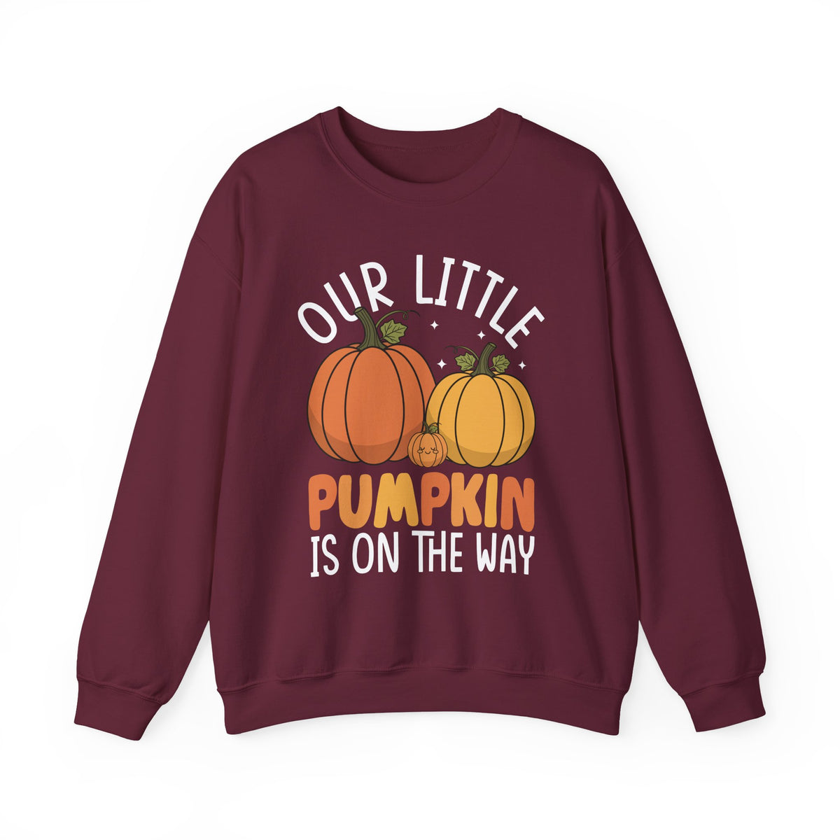 Maroon Our Little Pumpkin Is On The Way sweatshirt with orange and yellow pumpkin print