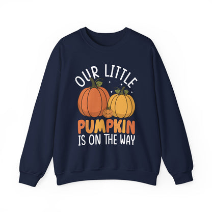 Navy Our Little Pumpkin Is On The Way sweatshirt with orange and yellow pumpkin pregnancy print