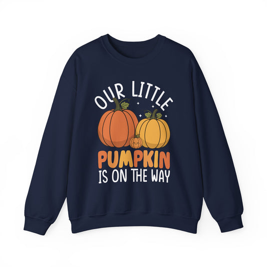 Navy Our Little Pumpkin Is On The Way sweatshirt with orange and yellow pumpkin pregnancy print