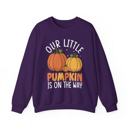 Purple Our Little Pumpkin Is On The Way sweatshirt with orange and yellow pumpkin print