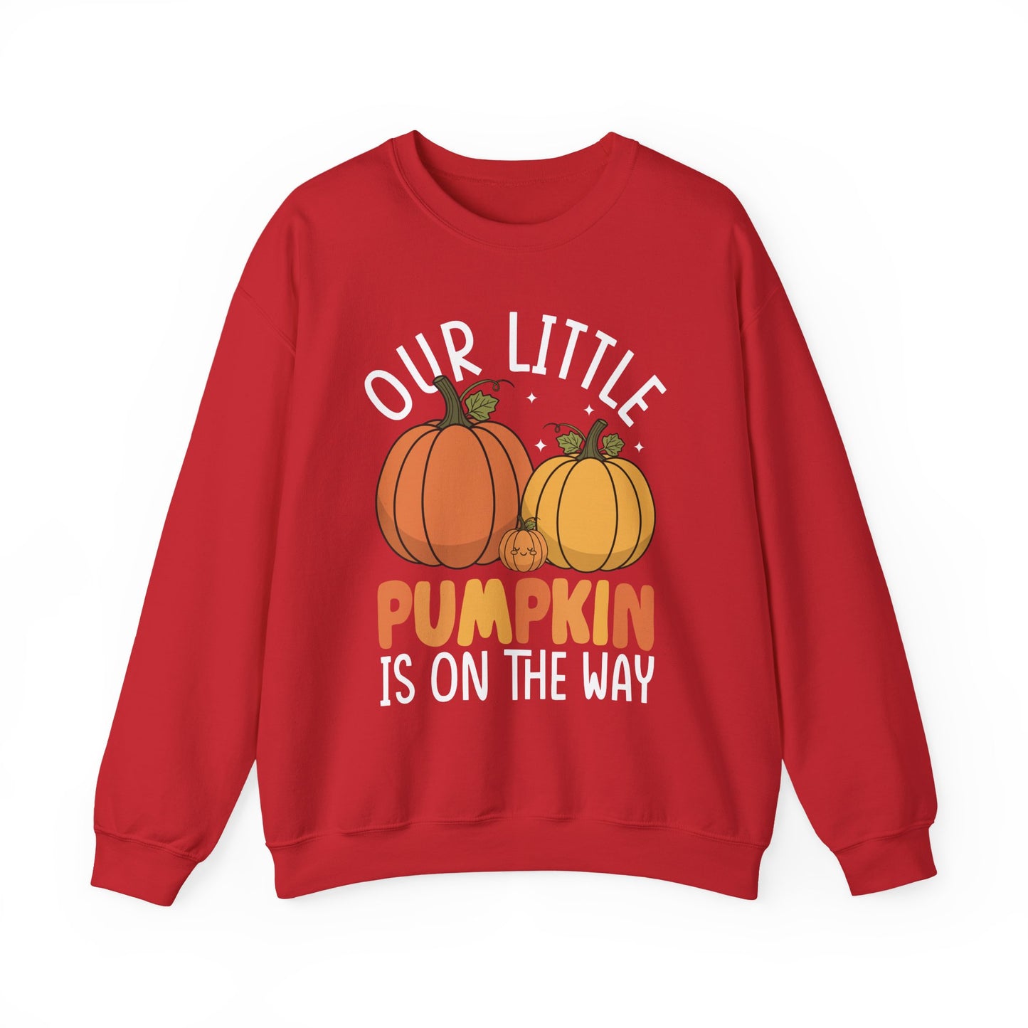 Red Our Little Pumpkin Is On The Way sweatshirt with orange and yellow pumpkin pregnancy print