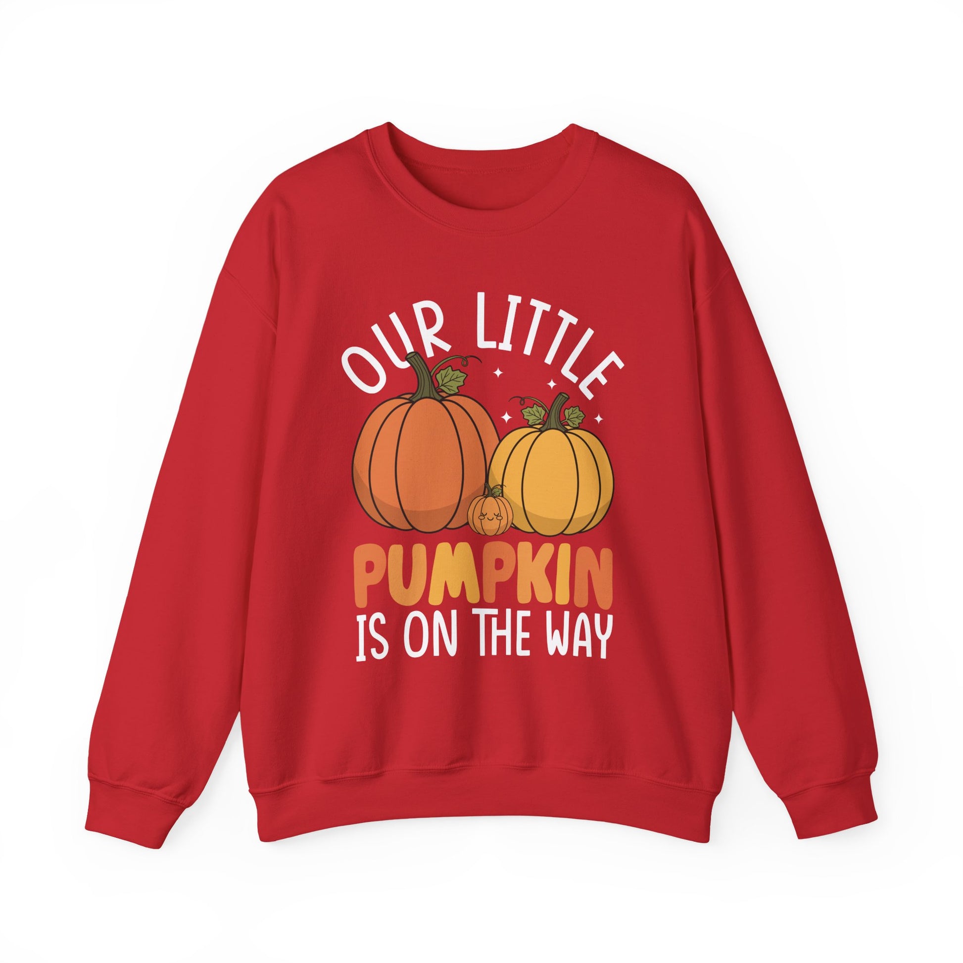 Red Our Little Pumpkin Is On The Way sweatshirt with orange and yellow pumpkin pregnancy print