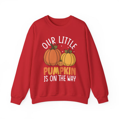 Red Our Little Pumpkin Is On The Way sweatshirt with orange and yellow pumpkin pregnancy print