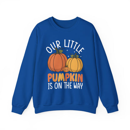 Royal blue Our Little Pumpkin Is On The Way sweatshirt with pumpkin pregnancy print