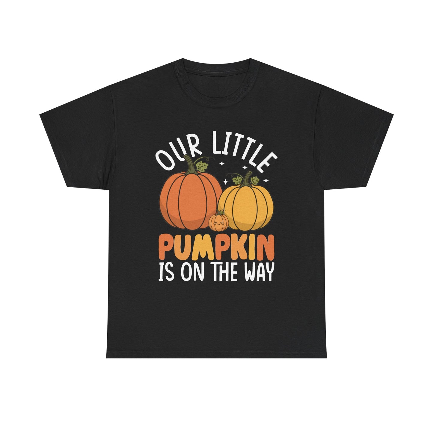 Black Our Little Pumpkin Is On The Way t-shirt with orange and yellow pumpkin print