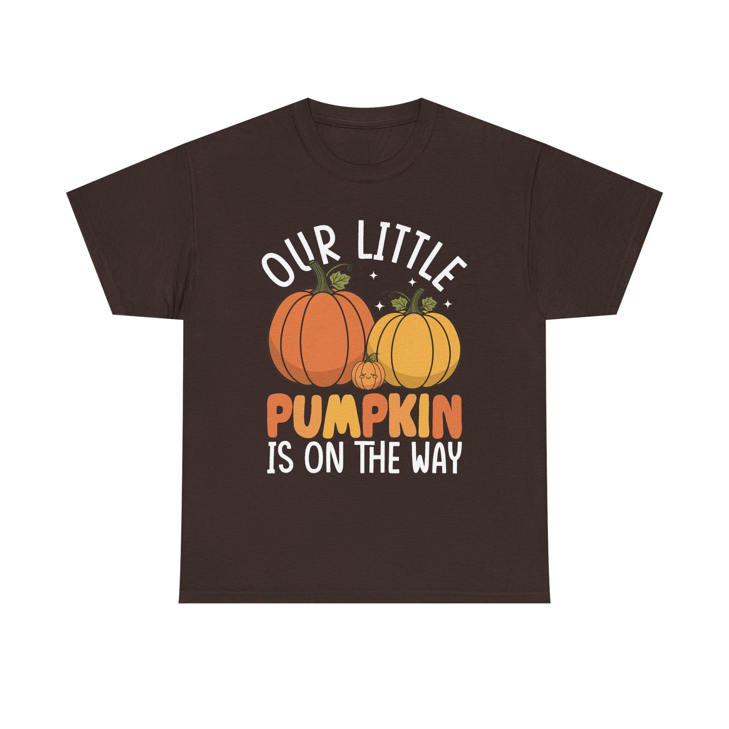 Dark chocolate Our Little Pumpkin Is On The Way t-shirt with pumpkin pregnancy print