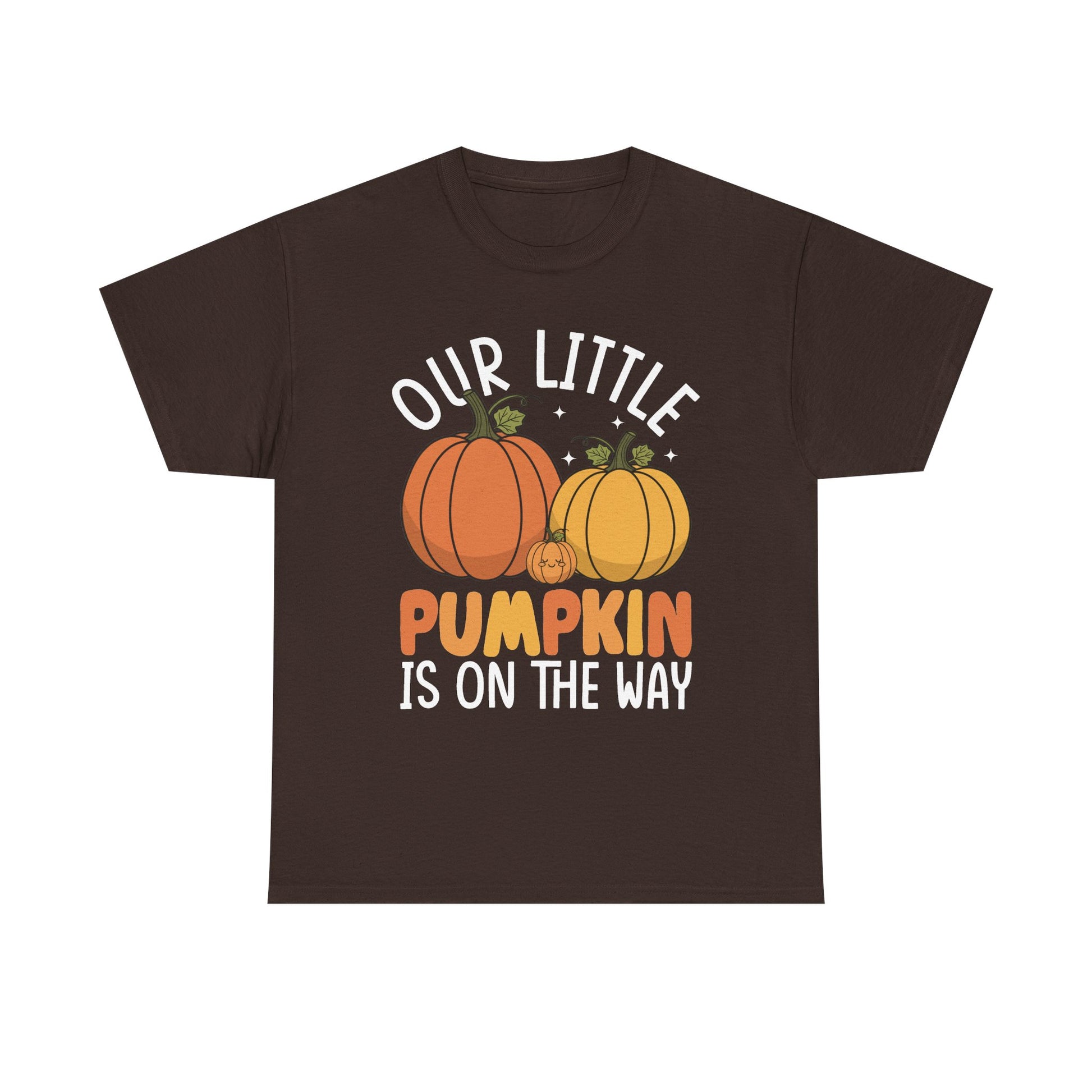Dark chocolate Our Little Pumpkin Is On The Way t-shirt with pumpkin pregnancy print