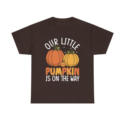 Dark chocolate Our Little Pumpkin Is On The Way t-shirt with pumpkin pregnancy print