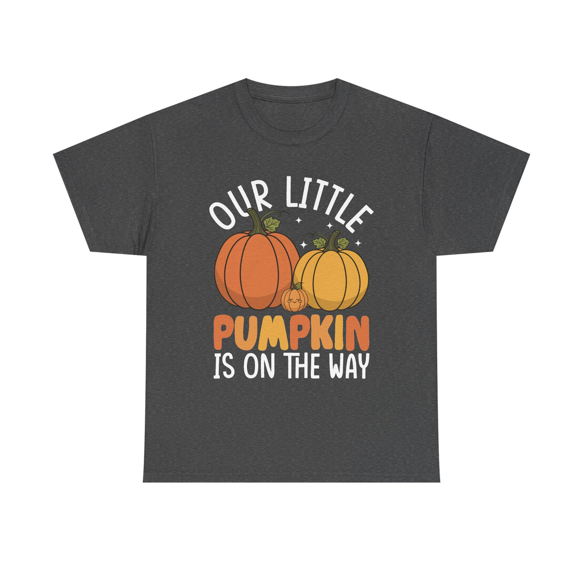 Dark heather Our Little Pumpkin Is On The Way t-shirt with pumpkin pregnancy announcement print