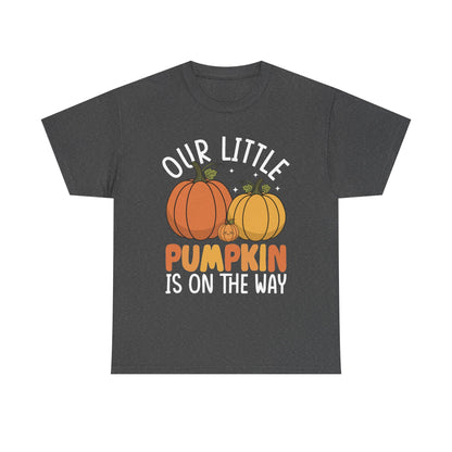 Dark heather Our Little Pumpkin Is On The Way t-shirt with pumpkin pregnancy announcement print