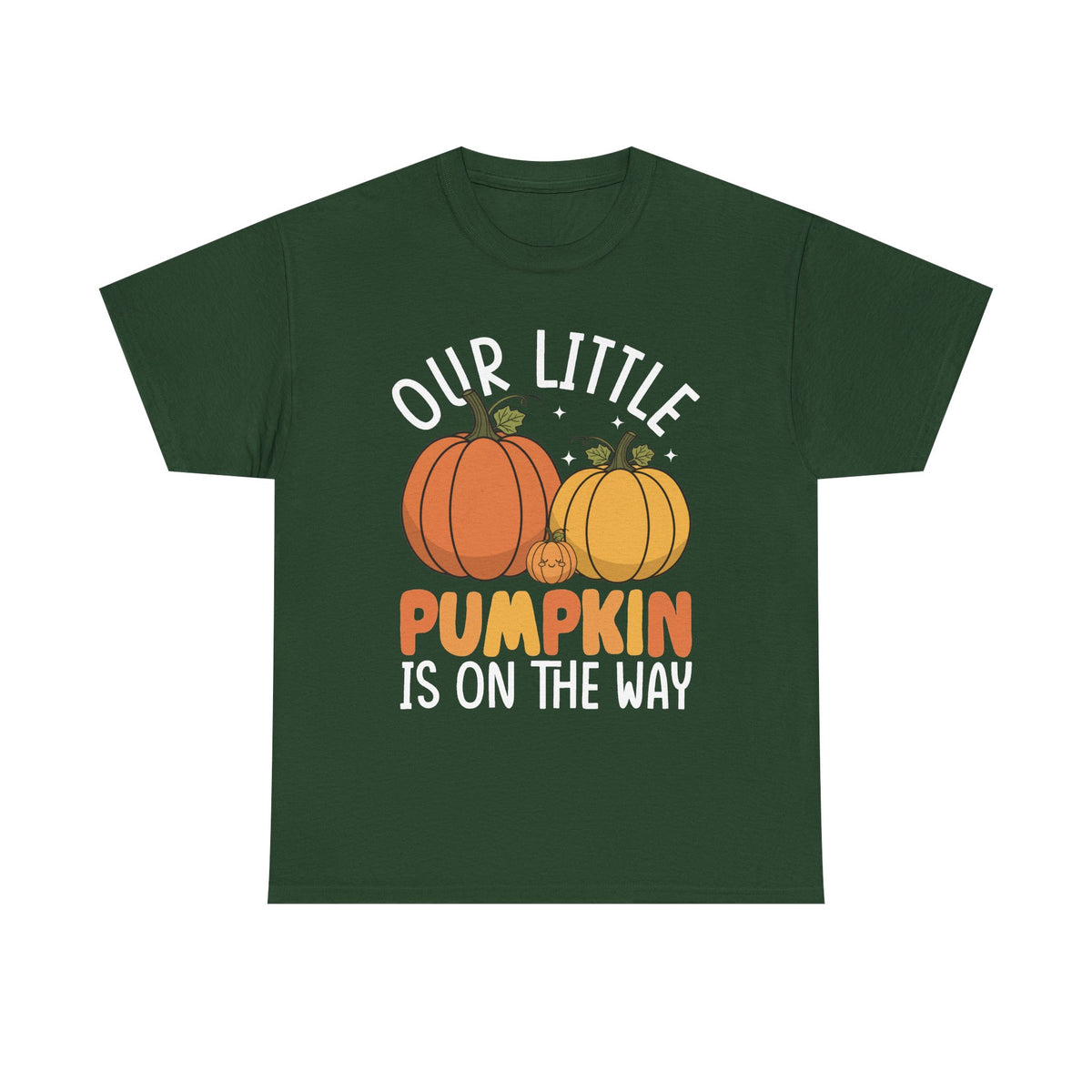 Forest green Our Little Pumpkin Is On The Way t-shirt with orange and yellow pumpkin pregnancy print
