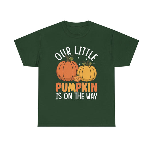 Forest green Our Little Pumpkin Is On The Way t-shirt with orange and yellow pumpkin pregnancy print