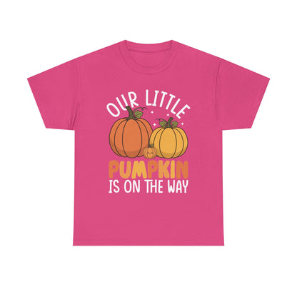 Heliconia pink Our Little Pumpkin Is On The Way t-shirt with pumpkin pregnancy print