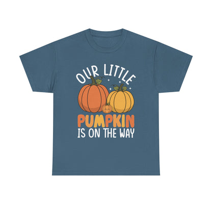 Indigo blue Our Little Pumpkin Is On The Way t-shirt with pumpkin pregnancy print