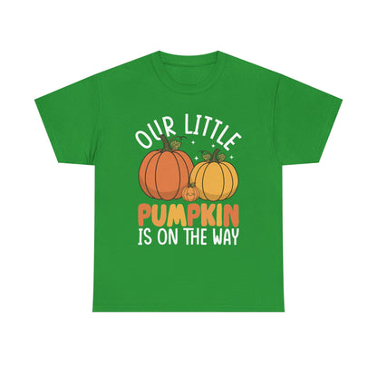Irish green Our Little Pumpkin Is On The Way t-shirt with pumpkin pregnancy print