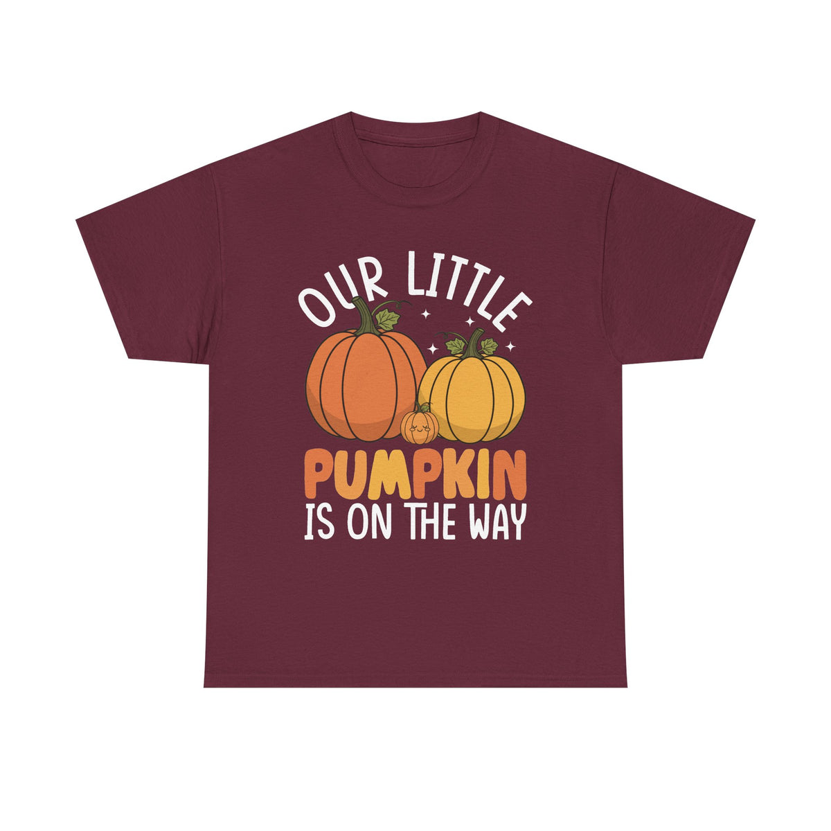 Maroon Our Little Pumpkin Is On The Way t-shirt with orange and yellow pumpkin print