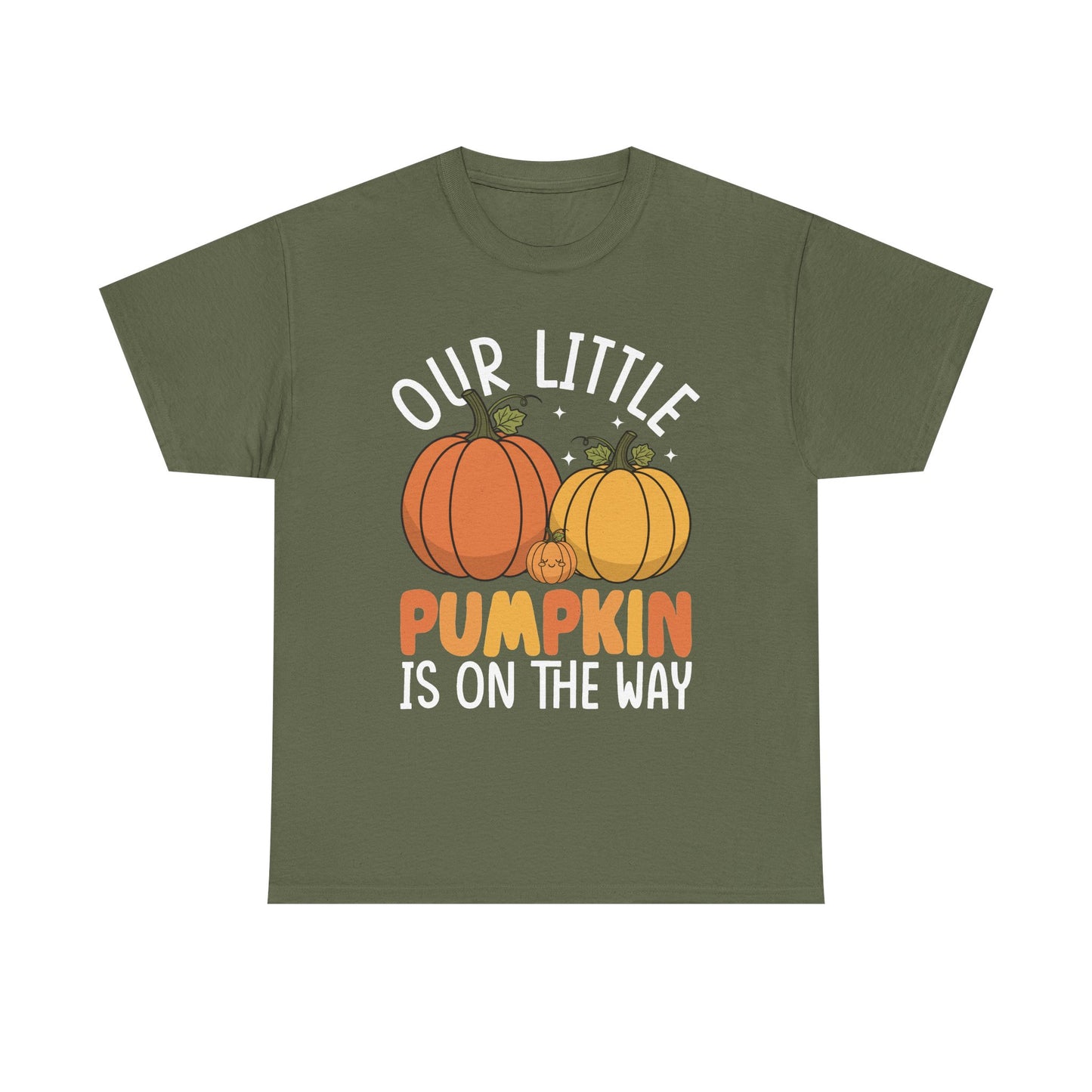 Military green Our Little Pumpkin Is On The Way t-shirt with pumpkin pregnancy print