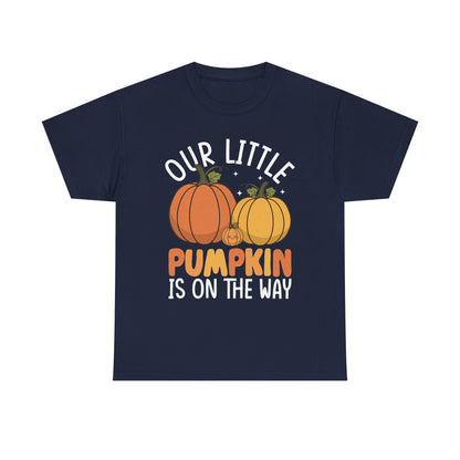 Navy Our Little Pumpkin Is On The Way t-shirt with orange and yellow pumpkin print