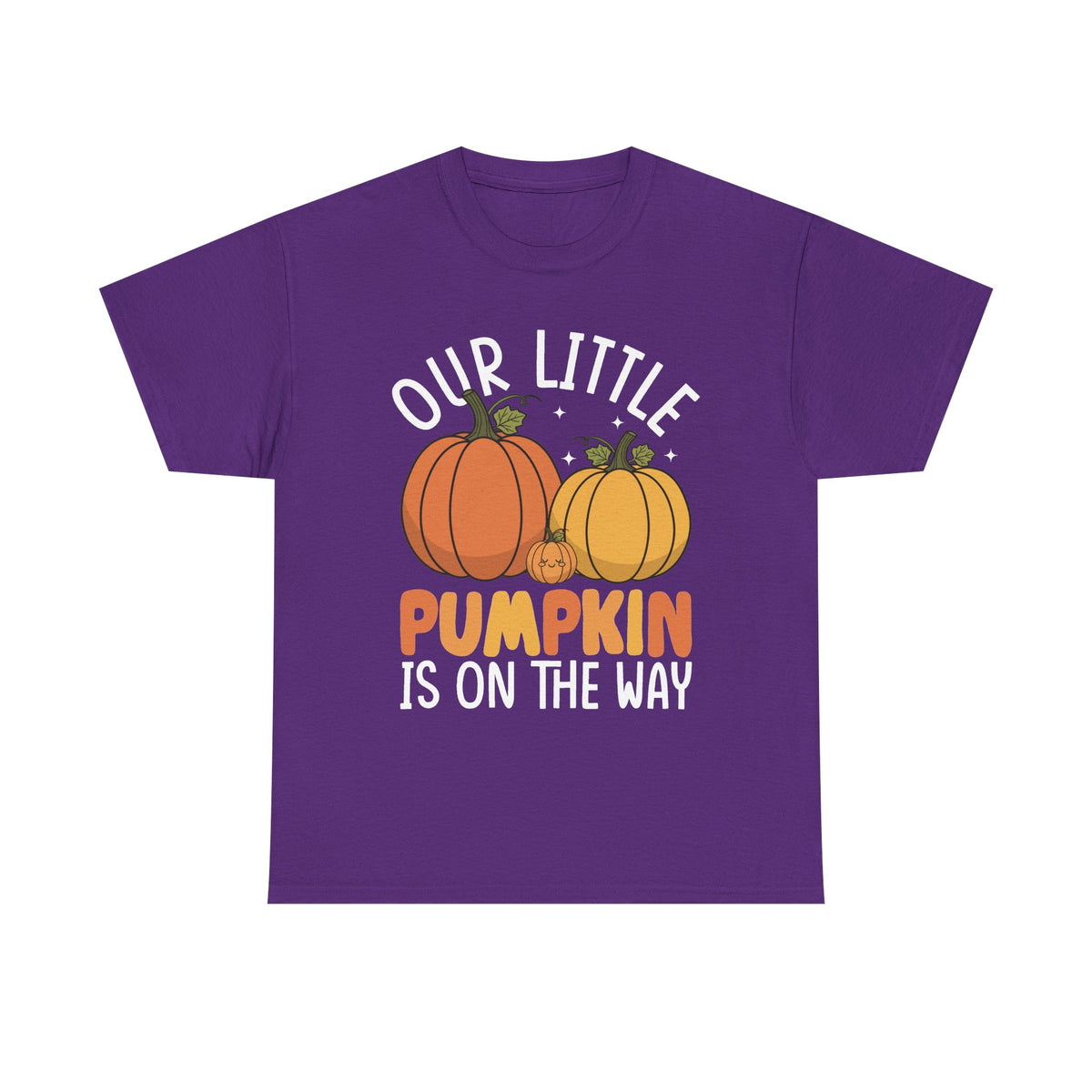Purple Our Little Pumpkin Is On The Way t-shirt with orange and yellow pumpkin print