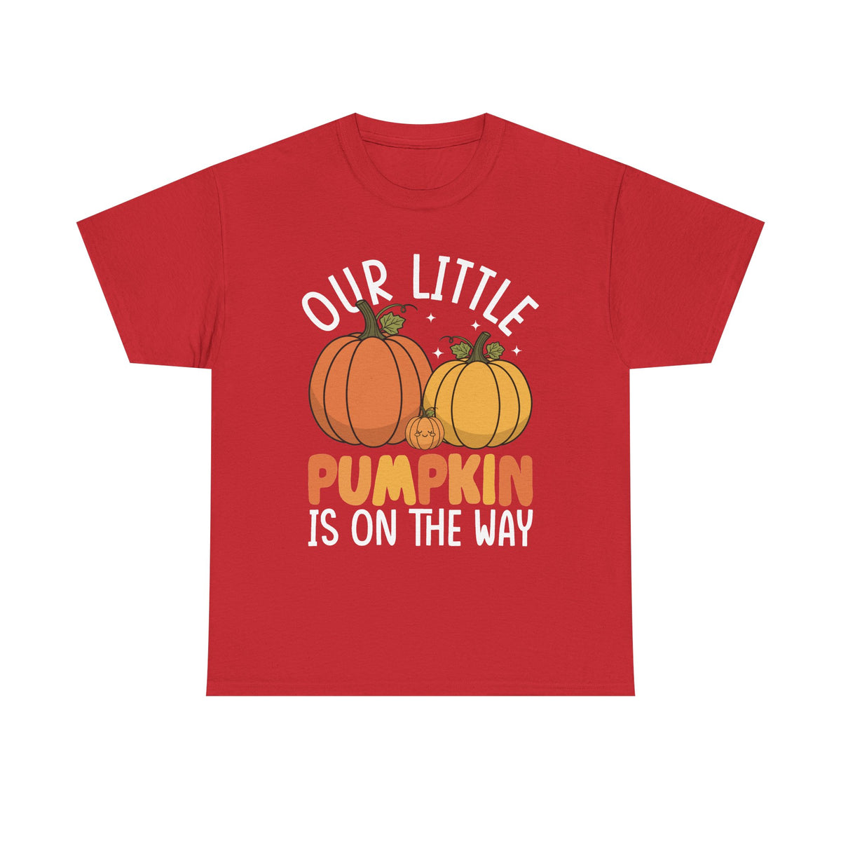 Red Our Little Pumpkin Is On The Way t-shirt with orange and yellow pumpkin print