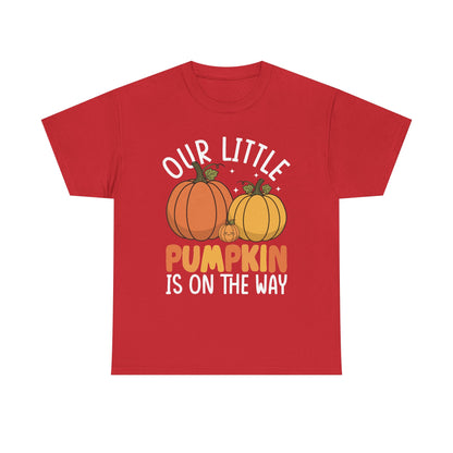 Red Our Little Pumpkin Is On The Way t-shirt with orange and yellow pumpkin print