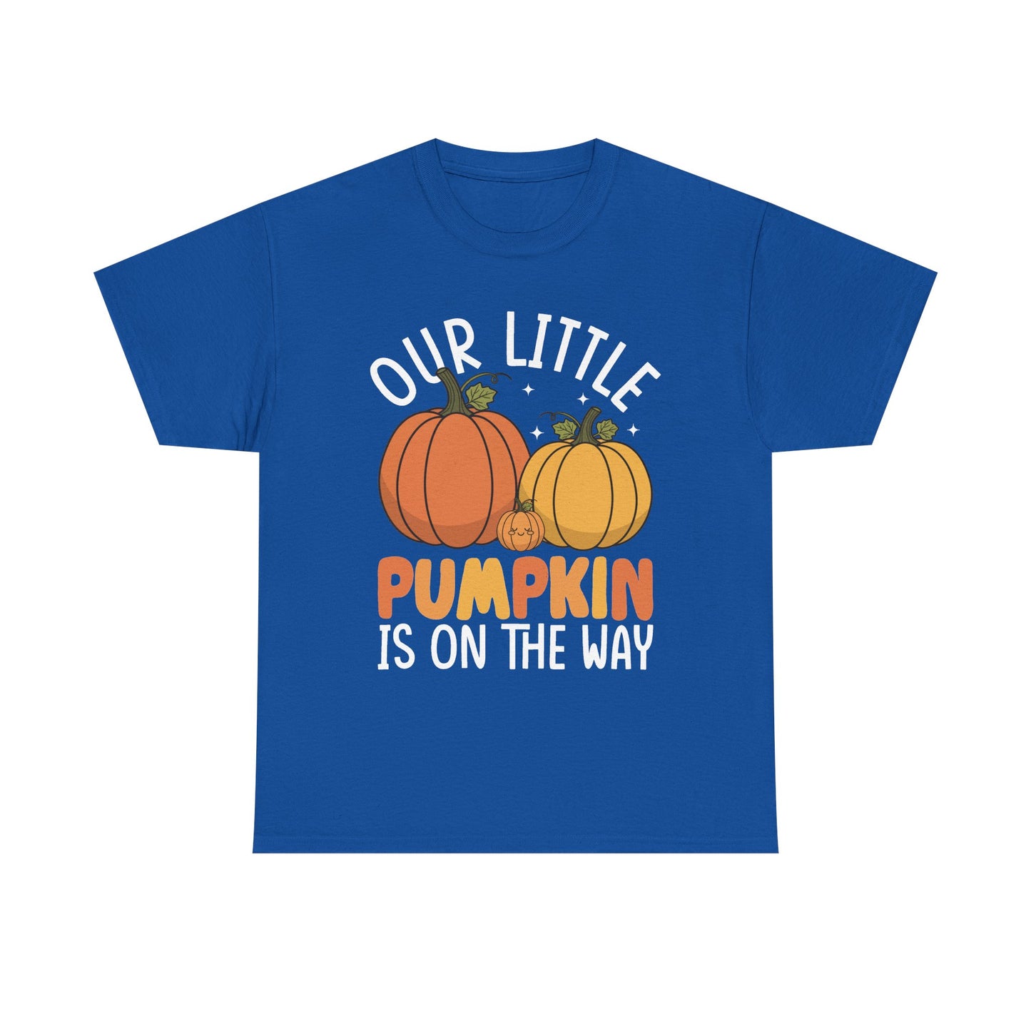 Royal blue Our Little Pumpkin Is On The Way t-shirt with pumpkin pregnancy print