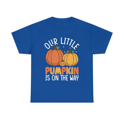 Royal blue Our Little Pumpkin Is On The Way t-shirt with pumpkin pregnancy print