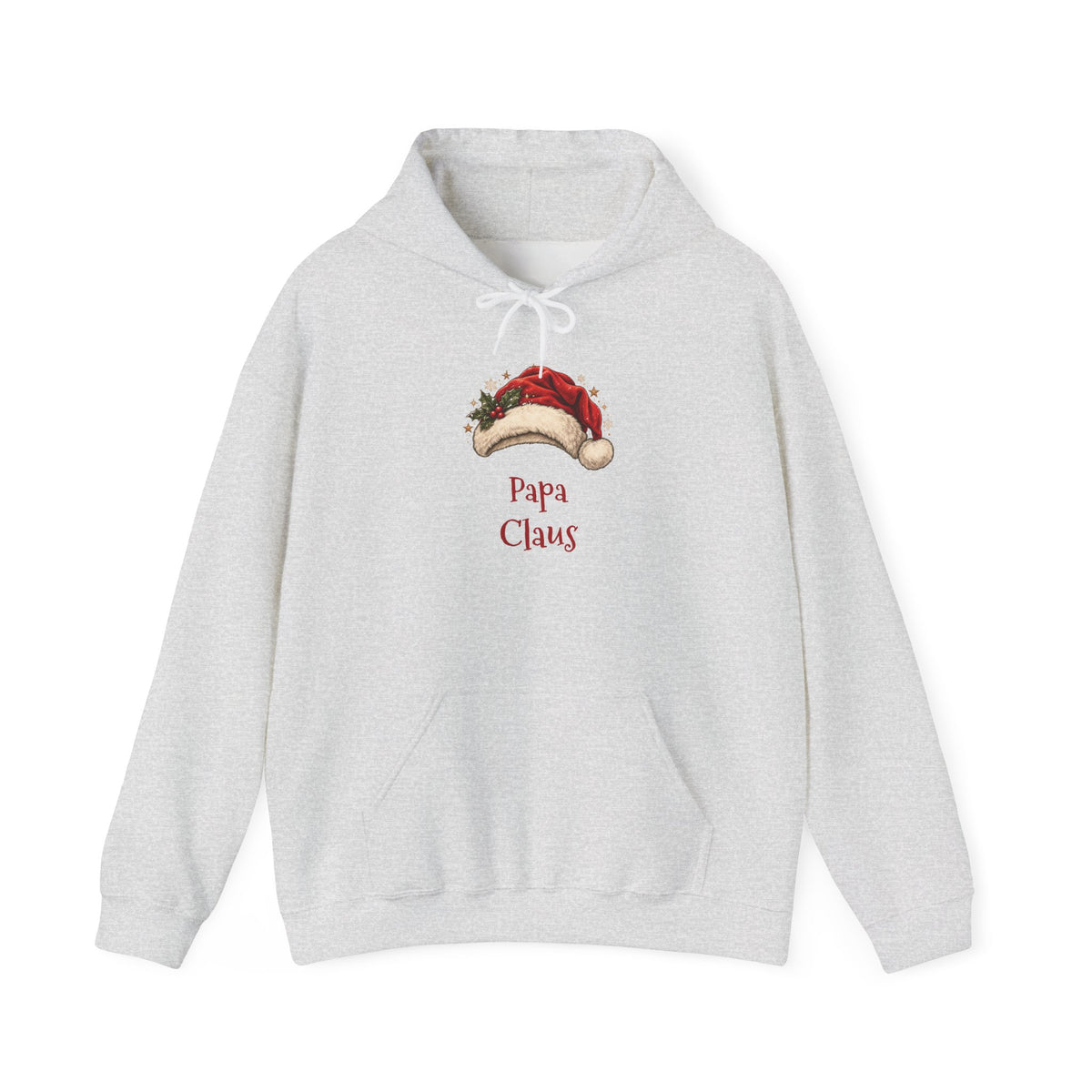 Ash Papa Claus hoodie with a red Santa hat and holly, front view