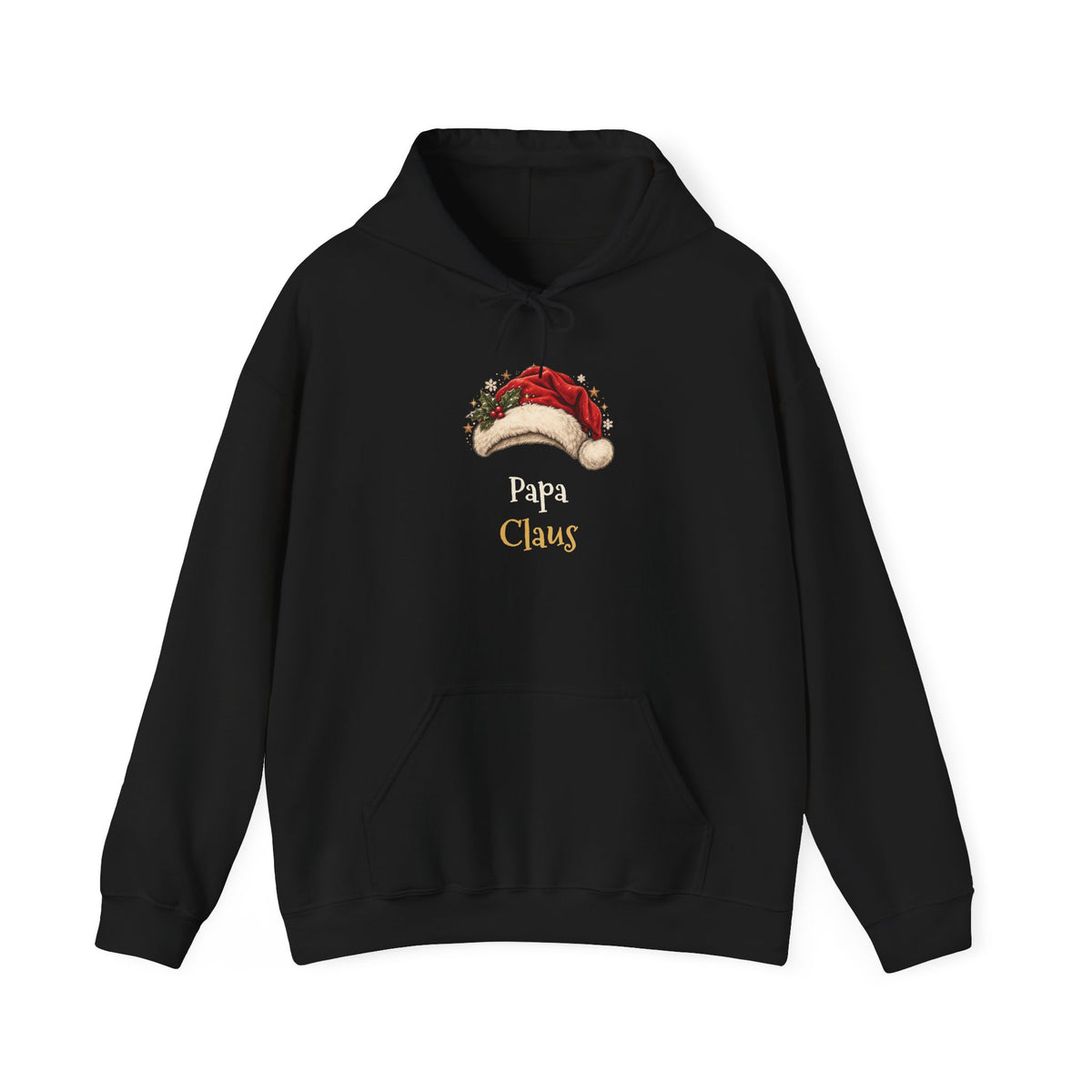 Black Papa Claus hoodie with a red Santa hat and holly, front view
