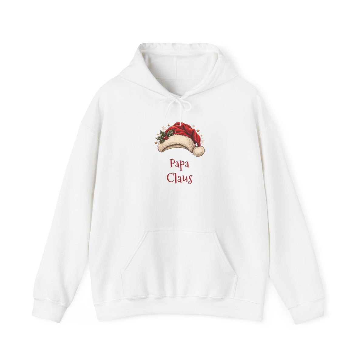 White Papa Claus hoodie with a red Santa hat and holly, front view