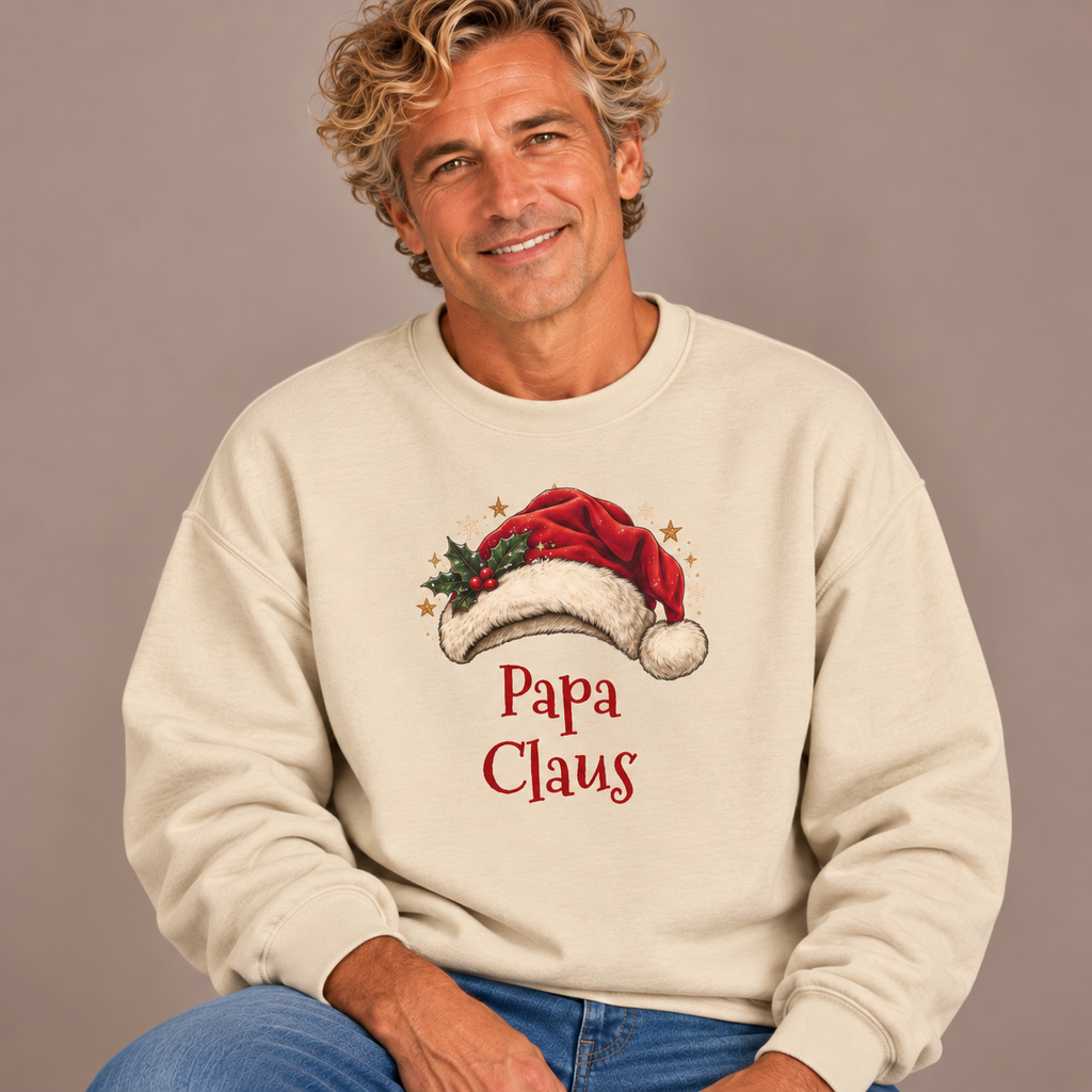 Man wearing the Sand Papa Claus Sweatshirt with jeans