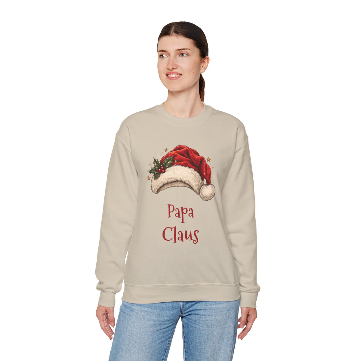 Woman wearing the Papa Claus Sweatshirt