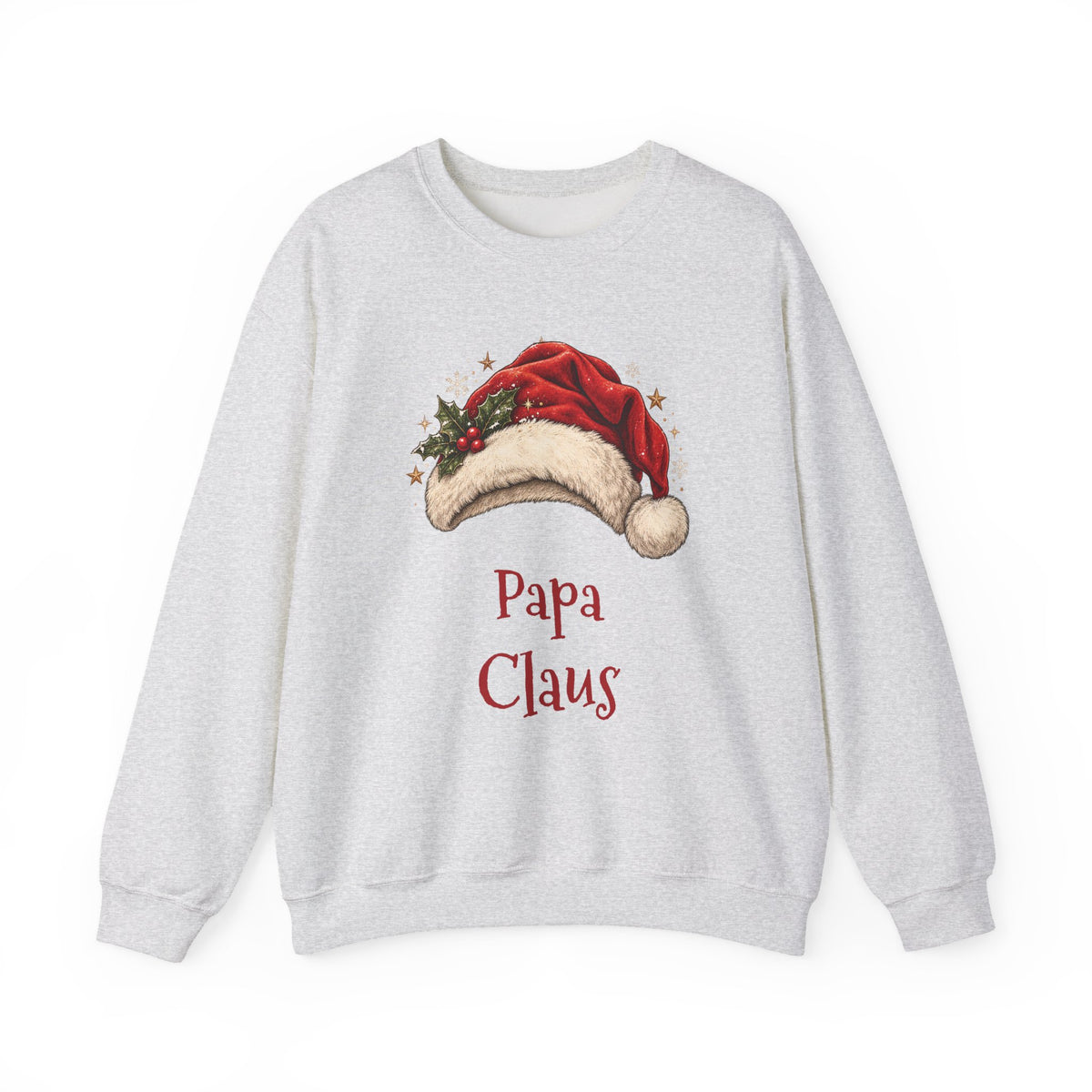 Ash Papa Claus sweatshirt with a red Santa hat and holly, front view