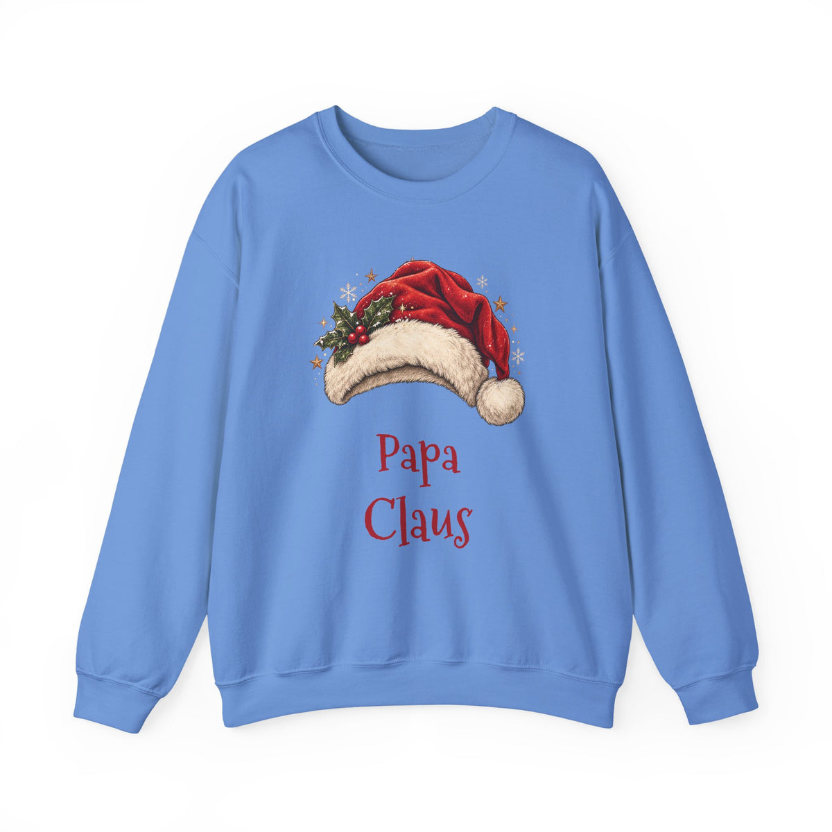 Carolina Blue Papa Claus sweatshirt with a red Santa hat and holly, front view