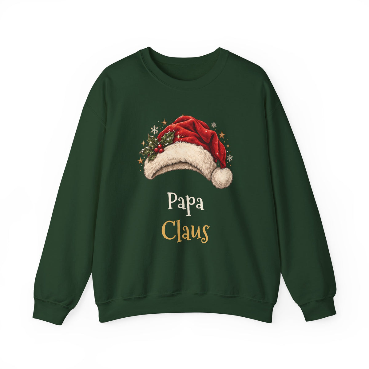 Forest Green Papa Claus sweatshirt with a red Santa hat and holly, front view