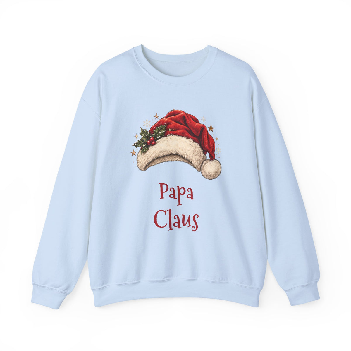 Light Blue Papa Claus sweatshirt with a red Santa hat and holly, front view