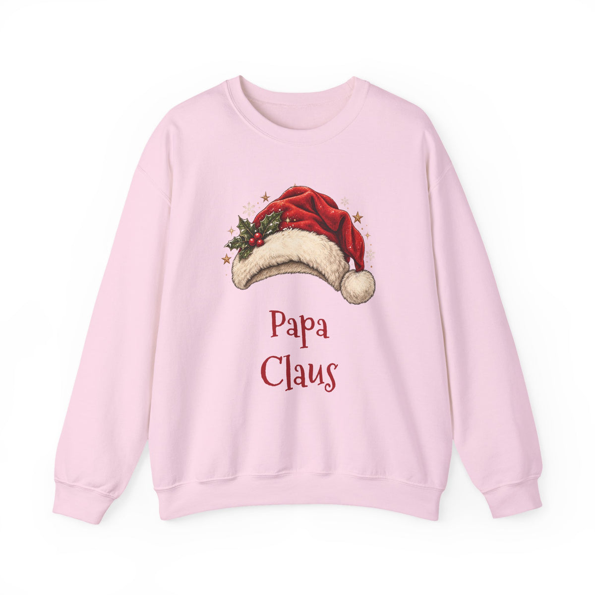 Light Pink Papa Claus sweatshirt with a red Santa hat and holly, front view