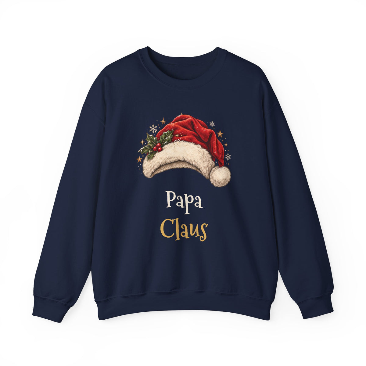 Navy Papa Claus sweatshirt with a red Santa hat and holly, front view