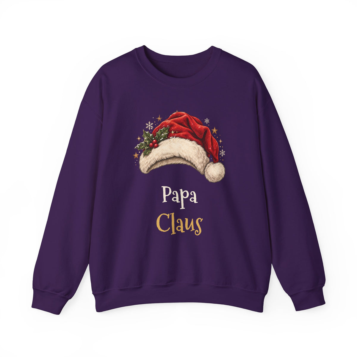Purple Papa Claus sweatshirt with a red Santa hat and holly, front view