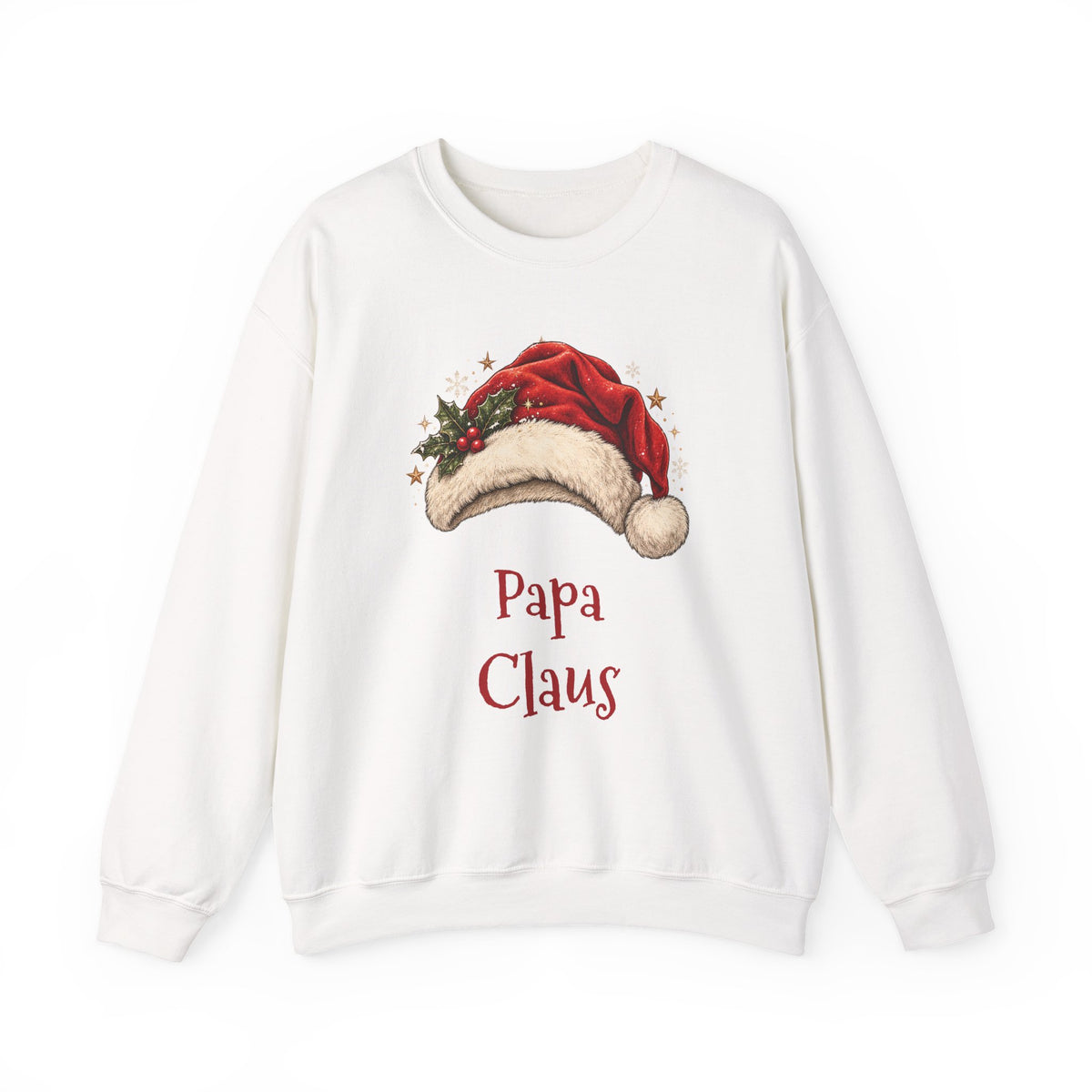 White Papa Claus sweatshirt with a red Santa hat and holly, front view
