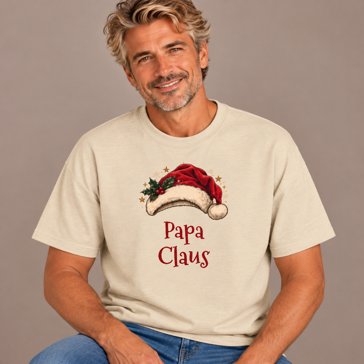 Man wearing the Sand Papa Claus T-Shirt with jeans