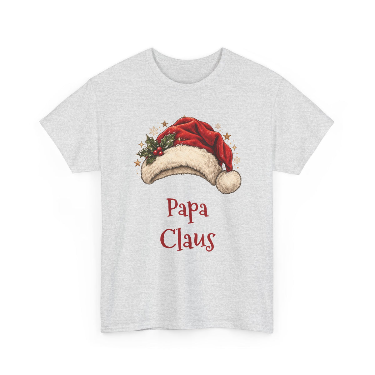 Ash Papa Claus t-shirt with a red Santa hat and holly, front view